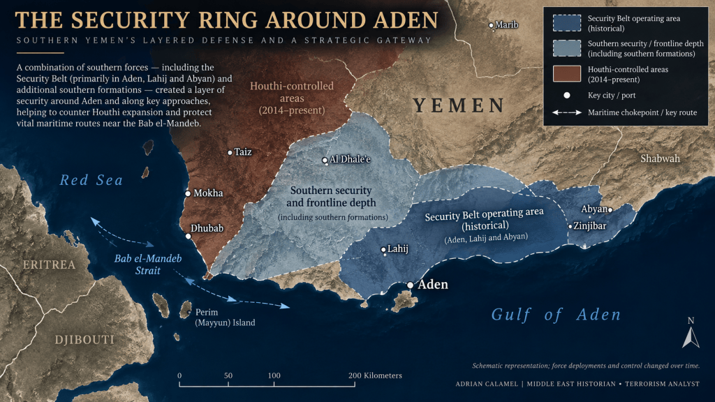 Map illustrating the layered security architecture around Aden, including southern security forces across Aden, Lahij, and Abyan and the approaches to Bab el-Mandeb.