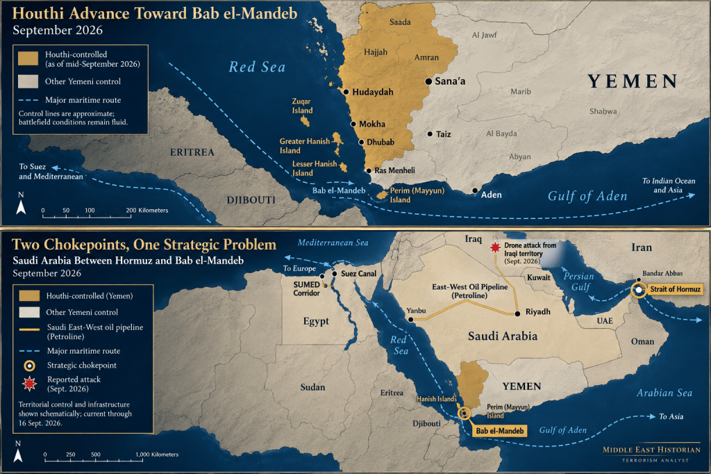 Comparative map of Bab el-Mandeb and the Strait of Hormuz illustrating the strategic maritime chokepoints surrounding the Arabian Peninsula.